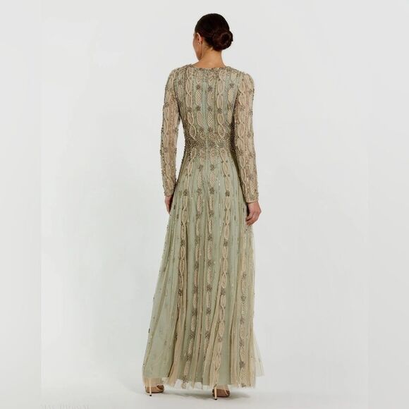 MAC DUGGAL 10077 Green Embellished Mesh Long Sleeve A Line Gown - Picture 4 of 15
